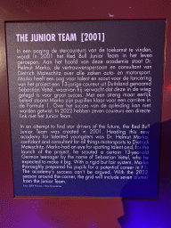 Explanation on the photograph of the Red Bull Junior Team with Carlos Sainz Jr., Brendon Hartley, Jean-Eric Vergne, Daniil Kvyat and Daniel Ricciardo in 2010, at the `Vleugels to the Max` exhibition at the Koepelgevangenis building