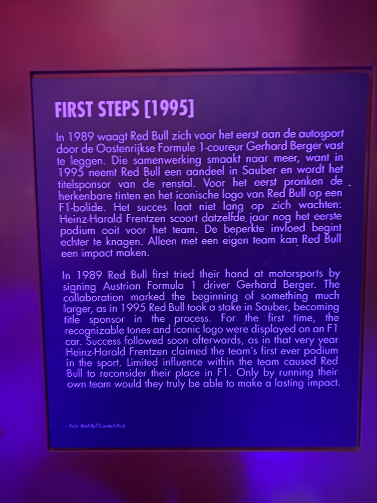 Explanation on the photograph of David Coulthard in the Red Bull Racing RB1 Formula 1 car in 1995, at the `Vleugels to the Max` exhibition at the Koepelgevangenis building