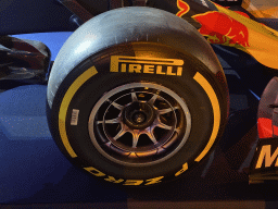 Back right wheel of the Red Bull Racing RB16B Formula 1 car at the `Vleugels to the Max` exhibition at the Koepelgevangenis building