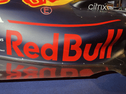 Red Bull logo on the right side of the Red Bull Racing RB16B Formula 1 car at the `Vleugels to the Max` exhibition at the Koepelgevangenis building