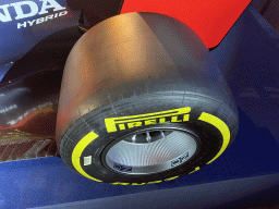 Back left wheel of the Red Bull Racing RB16B Formula 1 car at the `Vleugels to the Max` exhibition at the Koepelgevangenis building