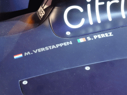 Names of Max Verstappen and Sergio Perez on the left side of the Red Bull Racing RB16B Formula 1 car at the `Vleugels to the Max` exhibition at the Koepelgevangenis building