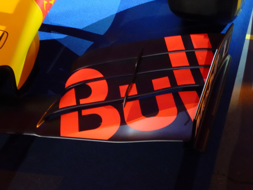 Left side of the front wing of the Red Bull Racing RB16B Formula 1 car at the `Vleugels to the Max` exhibition at the Koepelgevangenis building