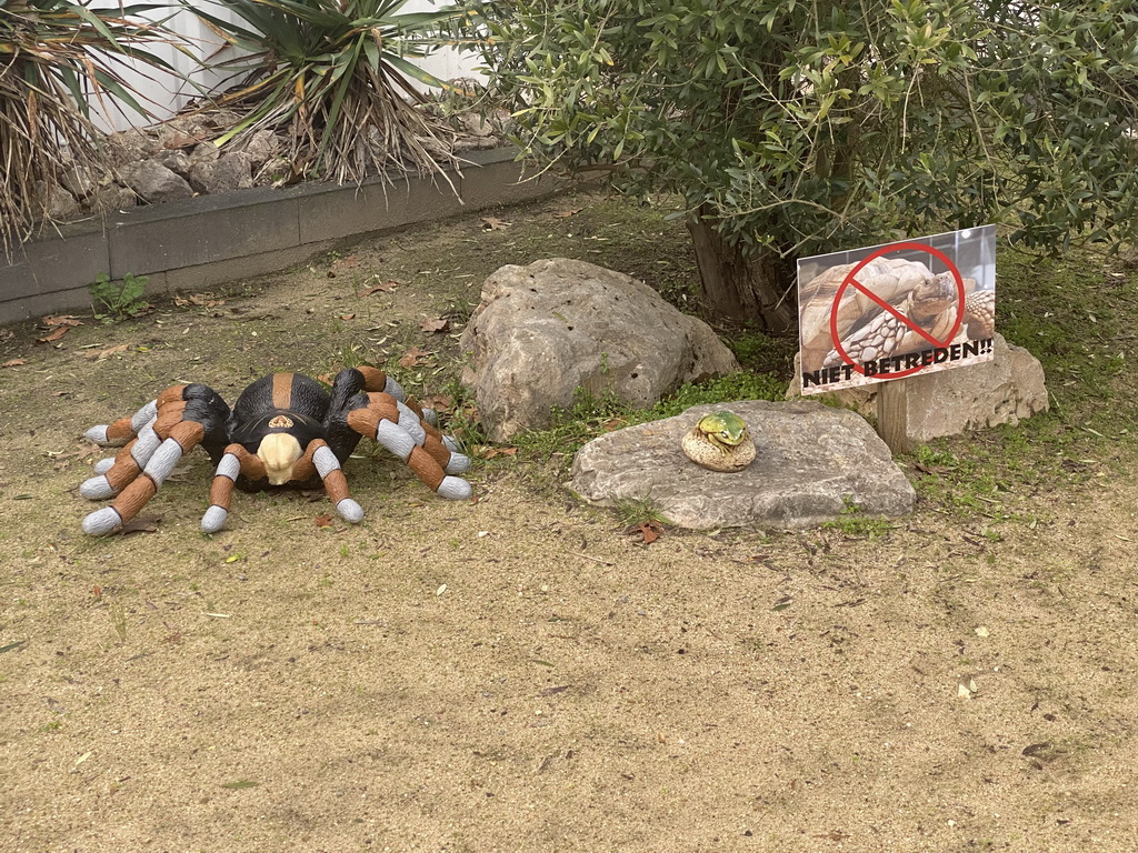 Spider and Frog statues in the garden of the Reptielenhuis De Aarde zoo