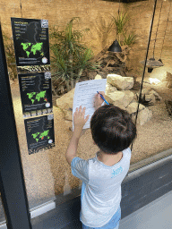Max writing for the scavenger hunt at the lower floor of the Reptielenhuis De Aarde zoo