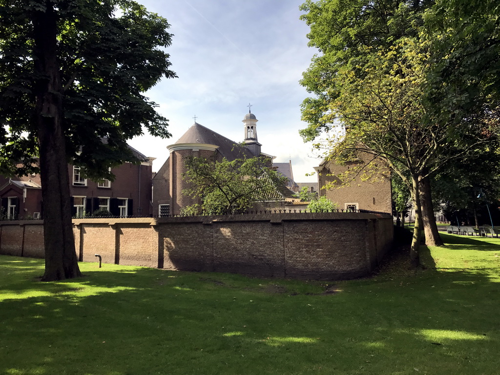 Back side of the Begijnhof building and the Waalse Kerk Breda church, viewed from the Stadspark Valkenberg