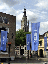 The tower of the Grote Kerk church, viewed from the Peace Fountain at the Kasteelplein square