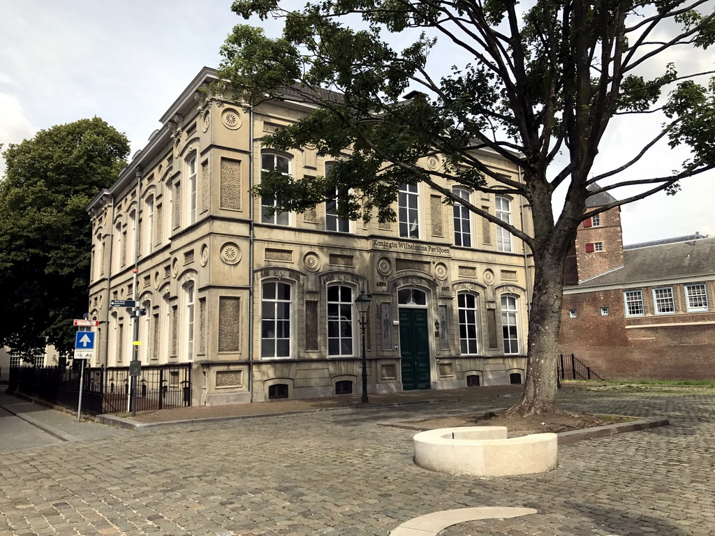 Front of the Queen Wilhelmina Pavilion and the Nassautoren tower at the south side of the Breda Castle at the Kasteelplein square