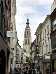 The Karrestraat street and the tower of the Grote Kerk church