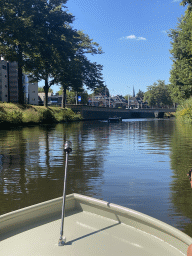 Boat and the Vierwindenbrug bridge over the Mark river, viewed from our tour boat