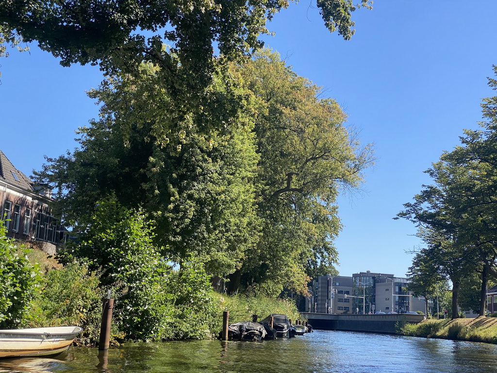 Boats and the Vierwindenbrug bridge over the Mark river, viewed from our tour boat