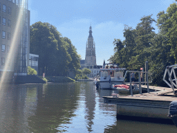 Boats on the Nieuwe Mark river, the former Post Office and the Grote Kerk church, viewed from our tour boat
