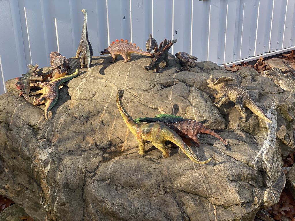 Dinosaur toys at the garden of the Reptielenhuis De Aarde zoo
