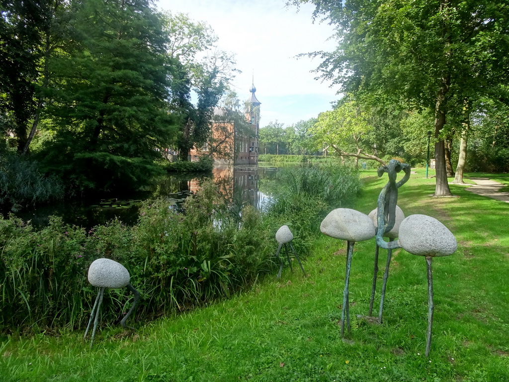 Flamingo statues at the northeast side of the gardens of Bouvigne Castle