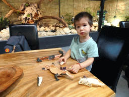 Max playing with an anatomical scale model of a crocodile at the lower floor of the Reptielenhuis De Aarde zoo
