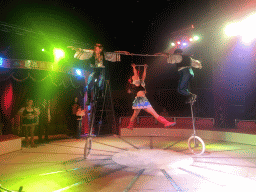 Cyclists and dancer at Circus Barones, during the show