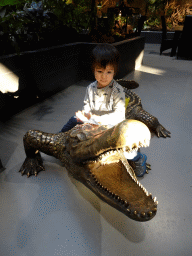 Max sitting on a Crocodile statue at the lower floor of the Reptielenhuis De Aarde zoo