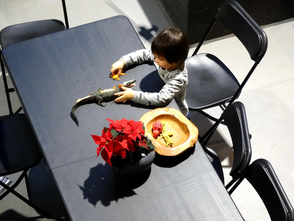 Max playing with dinosaur toys and an anatomical scale model of a crocodile at the lower floor of the Reptielenhuis De Aarde zoo