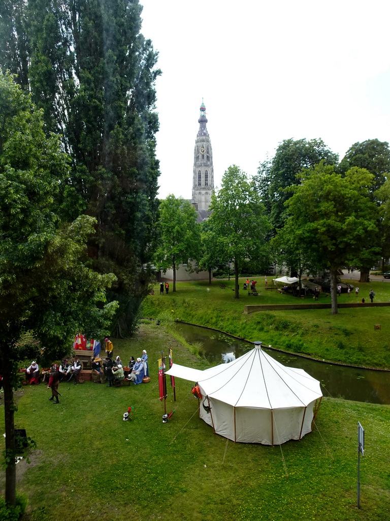 The Grote Kerk church, the Mark river, tent and actors at the southwest side of Breda Castle, viewed from the First Floor of the Main Building, during the Nassaudag