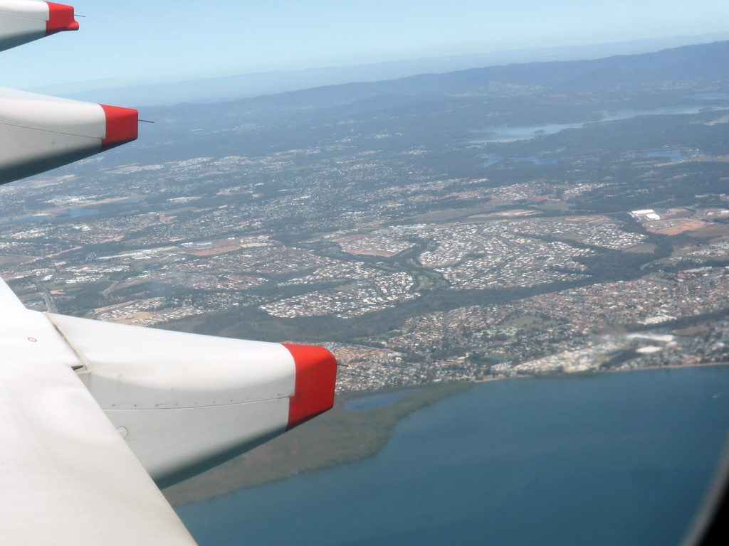 The town of Deception Bay and Lake Kurwongbah, viewed from the airplane from Singapore