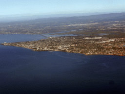 The towns of Margate and Woody Point, the Houghton Highway bridge over Bramble Bay and the Hays Inlet Conservation Park, viewed from the airplane from Singapore