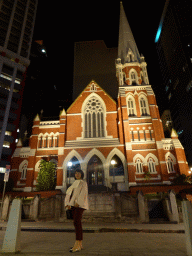 Miaomiao in front of the Albert Street Uniting Church at Albert Street, by night