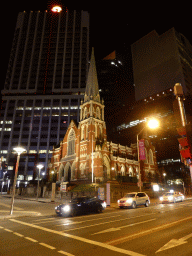 Right front of the Albert Street Uniting Church at the crossing of Albert Street and Ann Street, by night