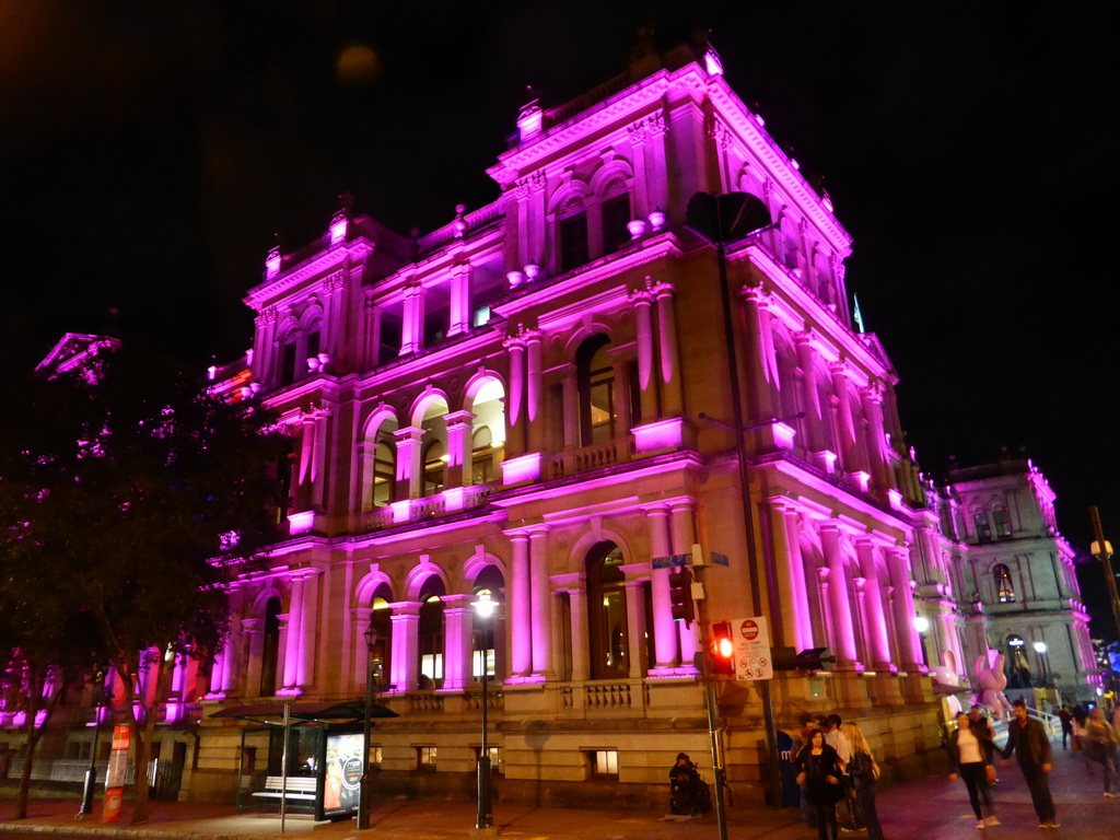 Front left of the Treasury Casino at George Street, by night