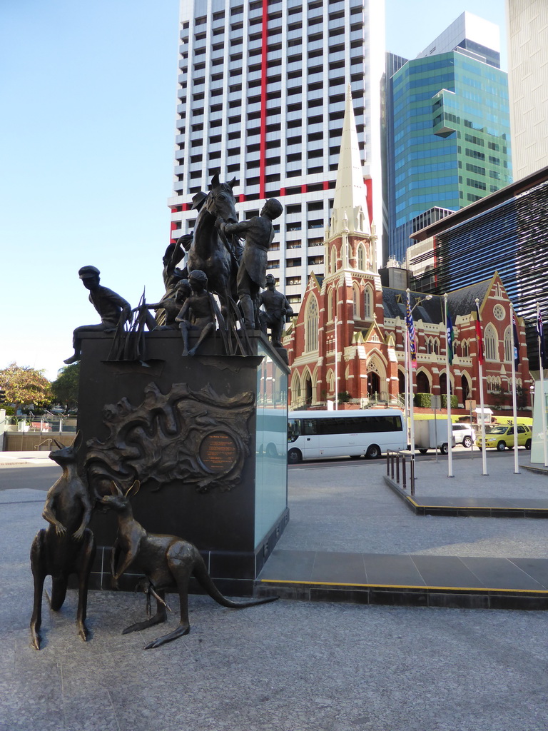 The Petrie Tableau monument at the King George Square and the Albert Street Uniting Church