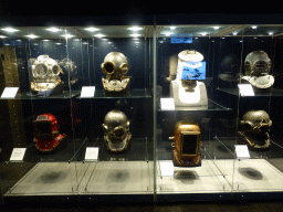 Diving helmets from different periods in history, at the second floor of the Queensland Museum & Sciencentre