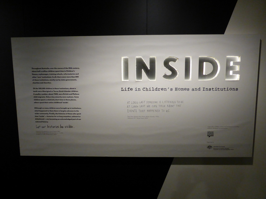Information on the exposition on Life in Children`s Homes and Institutions, at the third floor of the Queensland Museum & Sciencentre