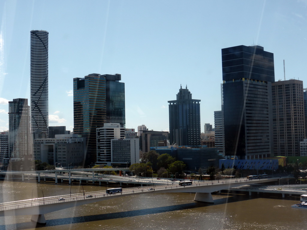 The Victoria Bridge over the Brisbane River and the skyline of Brisbane with the Infinity Tower, viewed from the Wheel of Brisbane