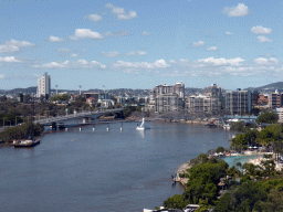 The Goodwill Bridge and the Captain Cook Bridge over the Brisbane River, the Brisbane Cricket Ground (`The Gabba`) and the South Bank Parklands with Streets Beach, viewed from the Wheel of Brisbane