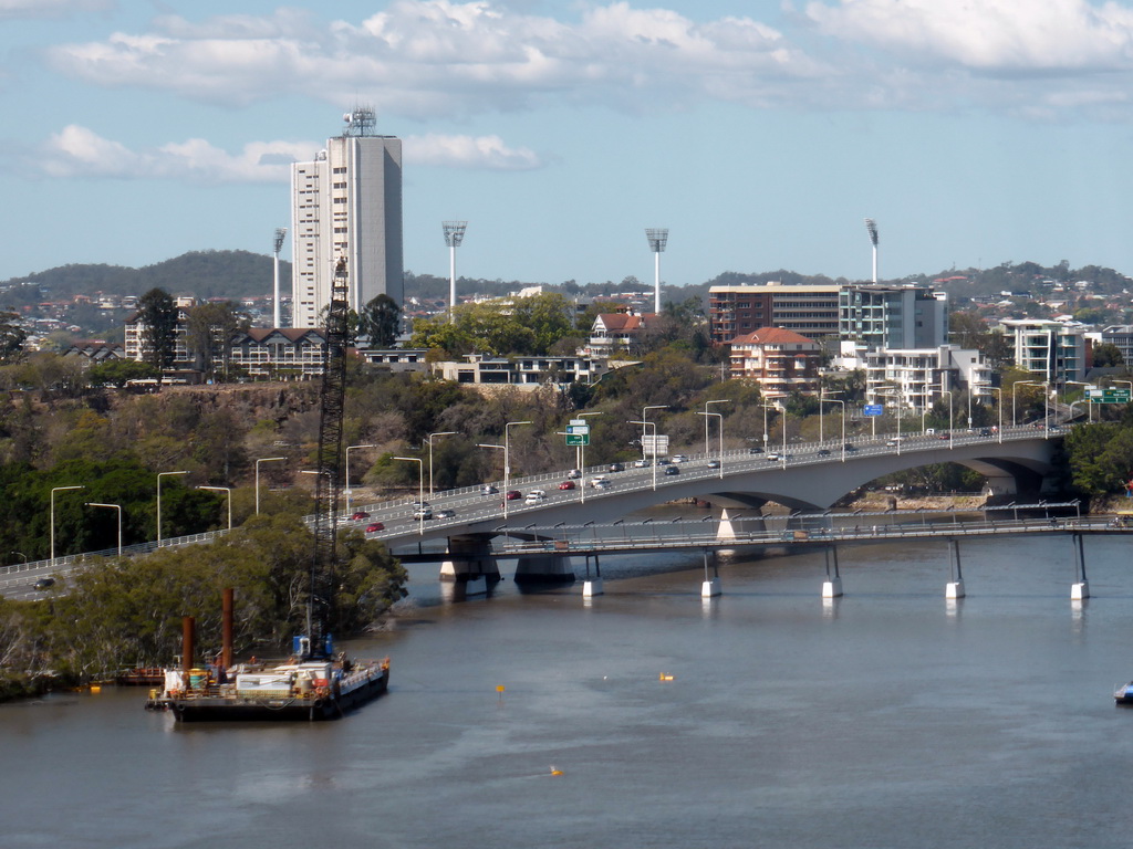 The Goodwill Bridge and the Captain Cook Bridge over the Brisbane River and the Brisbane Cricket Ground, viewed from the Wheel of Brisbane