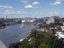 The Goodwill Bridge and the Captain Cook Bridge over the Brisbane River, the Brisbane Cricket Ground and the South Bank Parklands with Streets Beach, viewed from the Wheel of Brisbane