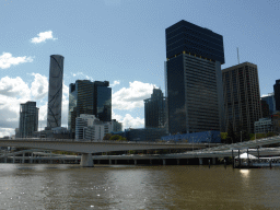 The skyline of Brisbane with the Infinity Tower, the Victoria Bridge over the Brisbane River and the North Quay 1 Ferry Terminal, viewed from the ferry