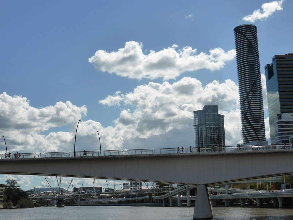The Victoria Bridge and the Kurilpa Bridge over the Brisbane River and the Infinity Tower, viewed from the ferry
