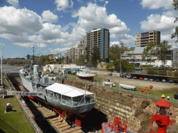 Boats at the east side of the Queensland Maritime Museum, viewed from the Goodwill Bridge over the Brisbane River