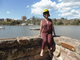 Miaomiao at the City Botanic Gardens with a view on the Brisbane River and the Kangaroo Point Cliffs with the sculpture `Venus Rising: Out of the Water and into the Light` by Wolfgang Buttress