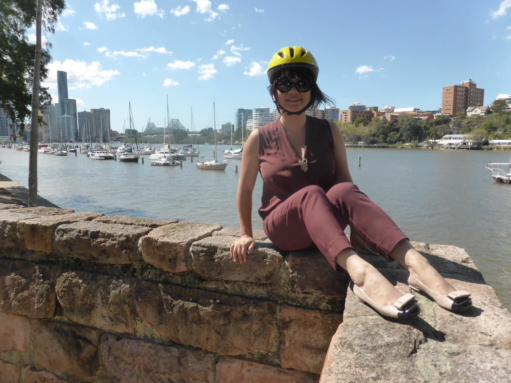 Miaomiao at the City Botanic Gardens with a view on boats, the Story Bridge over the Brisbane River and the skyline of Brisbane with the Soleil Tower