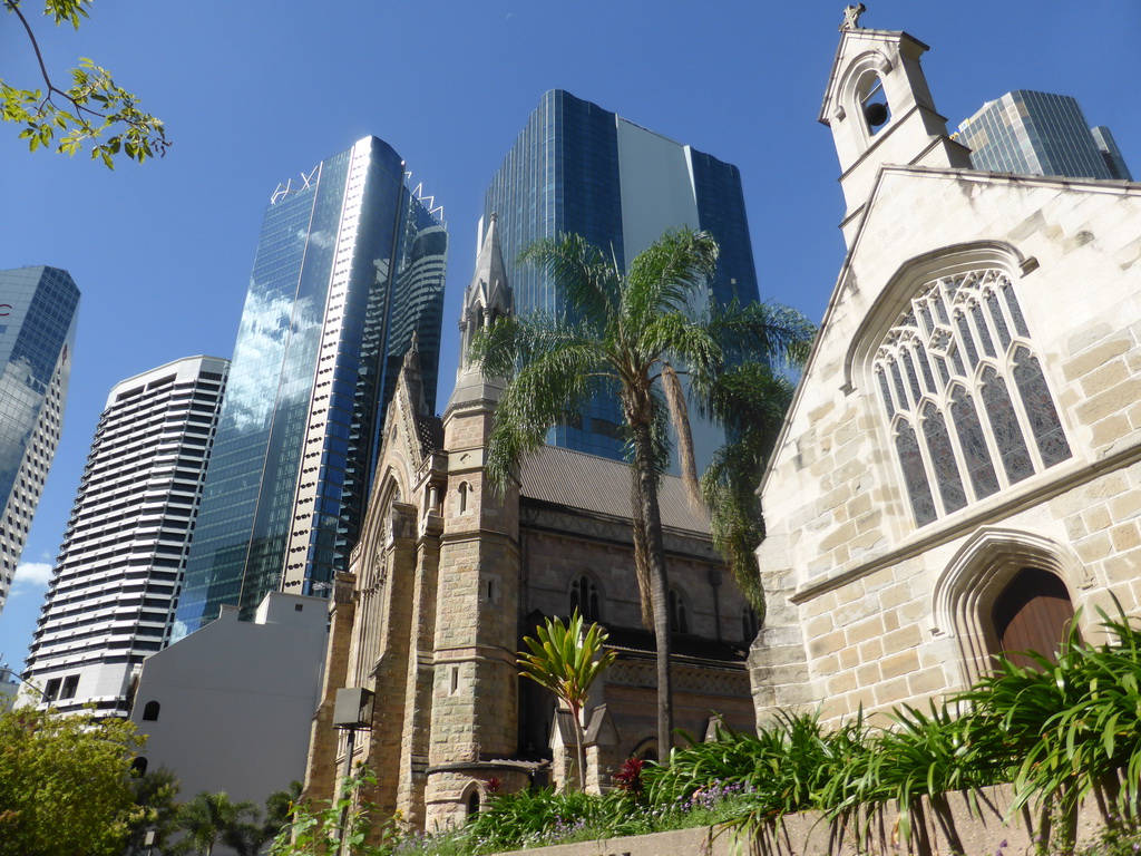 Skyscrapers and the front of the Cathedral of St. Stephen and St. Stephen`s Chapel at Elizabeth Street