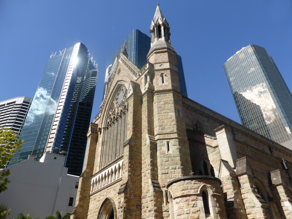 Skyscrapers and the front of the Cathedral of St. Stephen at Elizabeth Street