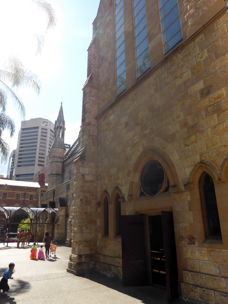 Southwest side of the Cathedral of St. Stephen, with Aboriginals in authentic clothing