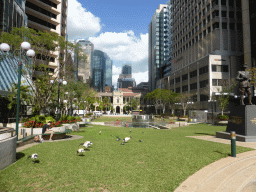 The Post Office Square with the Sir William Glasgow Memorial and Australian White Ibises, and the front of the Brisbane General Post Office