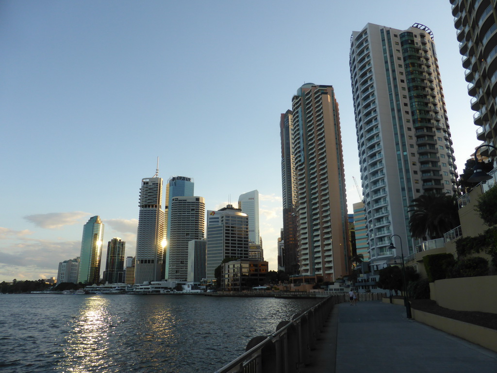 The skyline of Brisbane, the City Reach Boardwalk and the Brisbane River