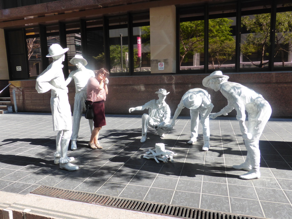 Miaomiao with the sculpture `The Drovers` by John Underwood, at Ann Street