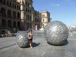 Miaomiao with spheres and rabbit statues in front of the Treasury Casino at Queen Street