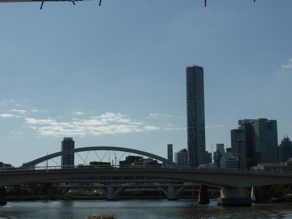 The Go Between Bridge and the Merivale Bridge over the Brisbane River and the skyline of Brisbane with the Infinity Tower, viewed from the Miramar Koala & River Cruise boat