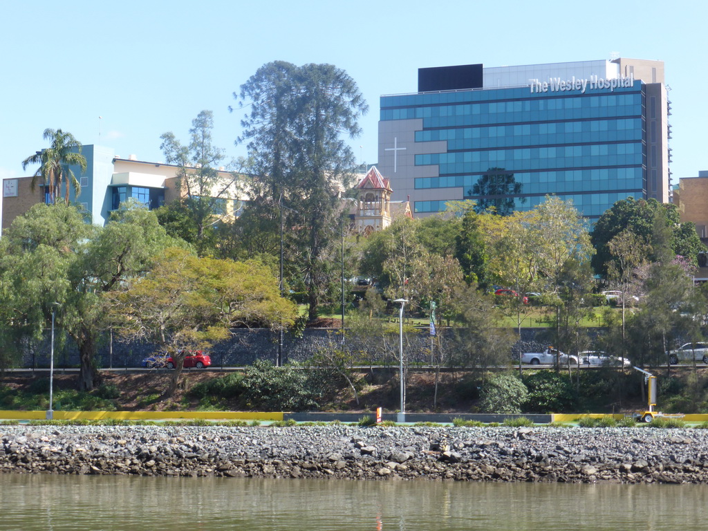 The Wesley Hospital at Coronation Drive and the Brisbane River, viewed from the Miramar Koala & River Cruise boat