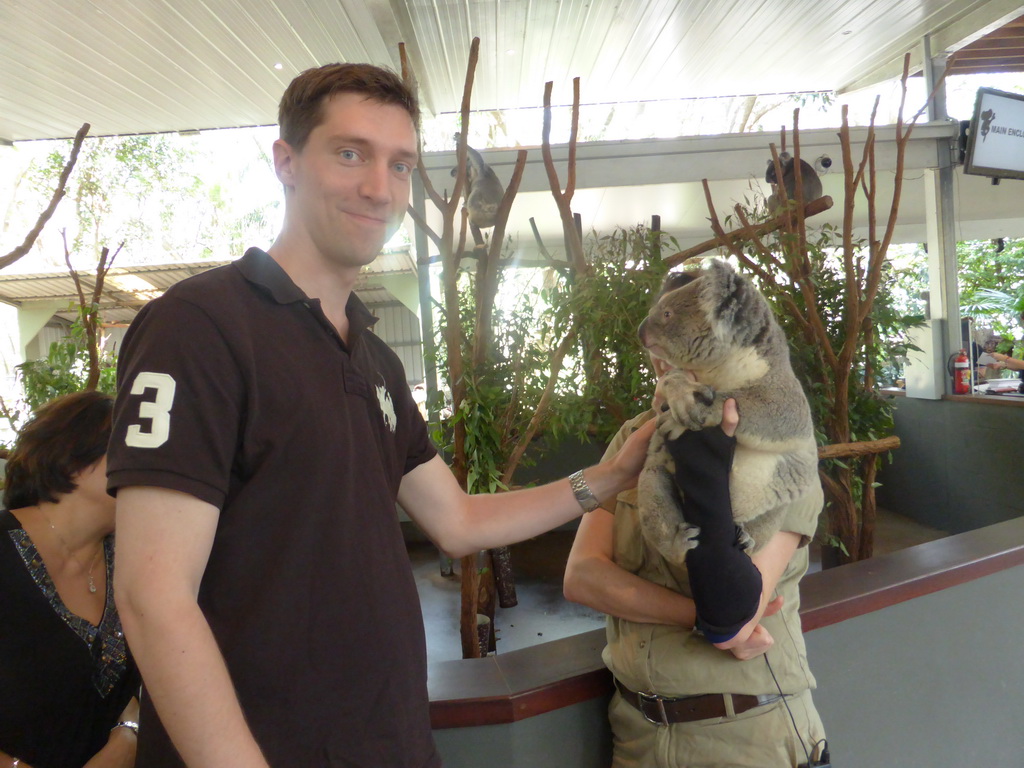 Tim and the zoo keeper with a Koala during the Koala Presentation at the Lone Pine Koala Sanctuary